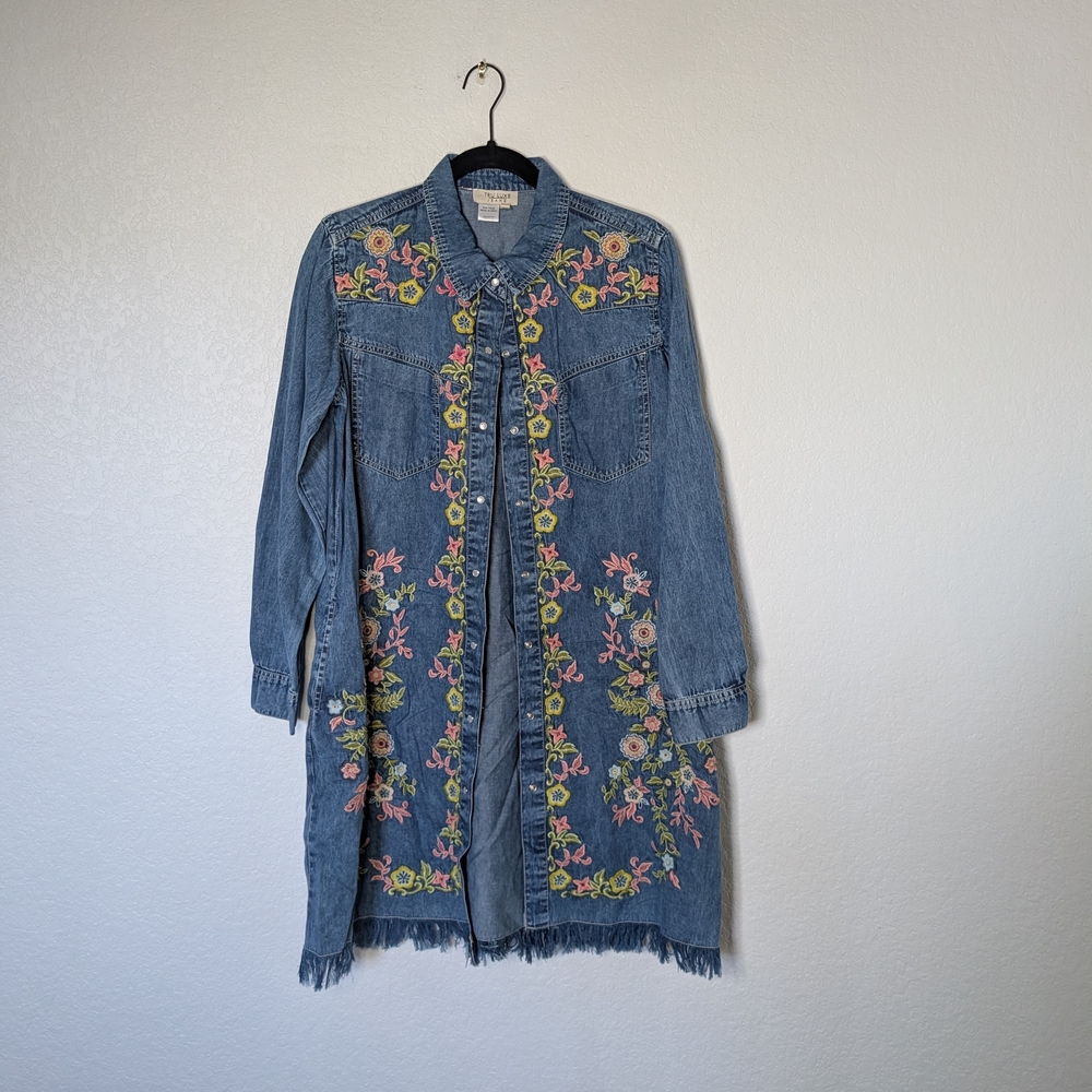 Embroidered Denim Shirt Dress - Blue with Floral Detail